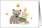 Bear cub and butterflies with flowers and mushrooms card