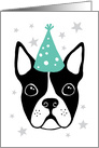 Boston terrier with party hat, happy birthday card