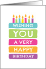 Cake with colorful candles, wishing you a very happy birthday card