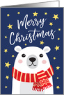 Merry Christmas card with white polar bear wearing a red scarf card