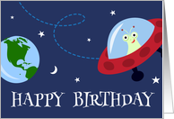 Happy birthday card for kids with cute alien in space card