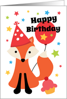 Happy birthday card with cute fox wearing a party hat card