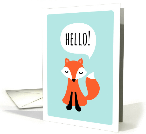 Hello greeting card with cute cartoon fox on aqua blue background card