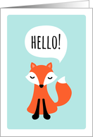 Hello greeting card with cute cartoon fox on aqua blue background card