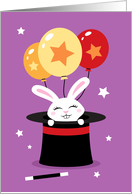 Happy birthday card for kids with rabbit in magician hat and balloons card