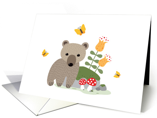 Bear cub and butterflies with flowers and mushrooms card (1452006)