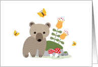 Bear cub and butterflies with flowers and mushrooms card