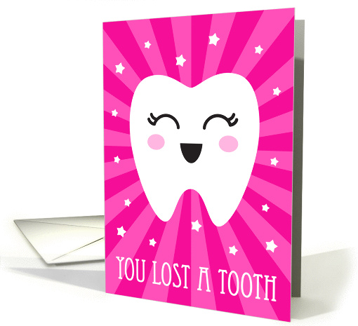 You lost a tooth, cute cartoon tooth on hot pink sunburst... (1461220)