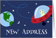 New address moving announcement with funny alien and planet earth card