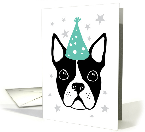 Boston terrier with party hat, happy birthday card (1528022)