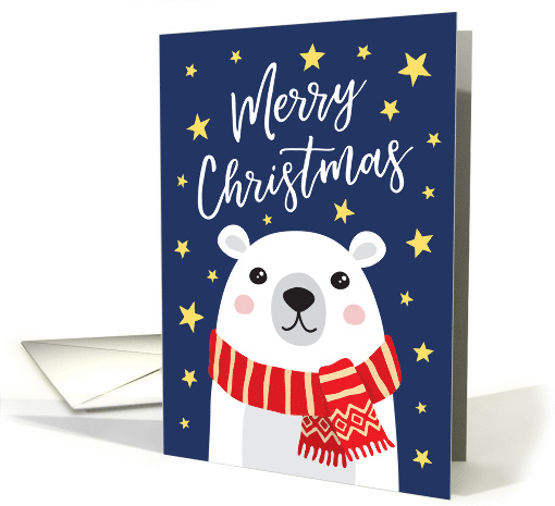 Merry Christmas card with white polar bear wearing a red scarf card