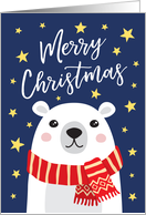 Merry Christmas card with white polar bear wearing a red scarf card