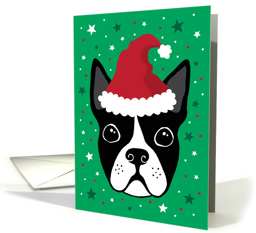 Boston terrier with Santa hat Christmas Holiday card (1550912)