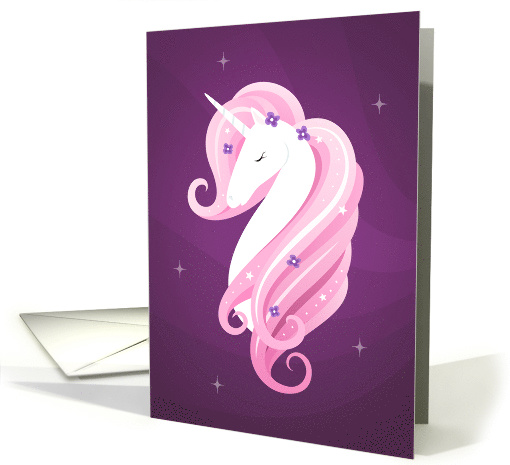 Beautiful unicorn with pink mane, stars and flowers any occasion card
