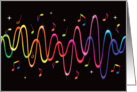 Funky rainbow sound waves with musical notes and stars card