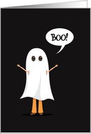 Little kid dressed up in a Halloween ghost costume saying Boo! card