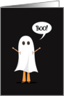 Little kid dressed up in a Halloween ghost costume saying Boo! card