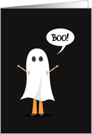 Halloween party invitation - child in ghost costume saying boo! card