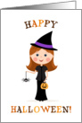 Happy Halloween - trick or treat girl wearing a witch costume card