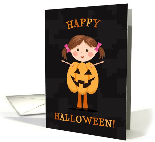 Happy Halloween - girl in Jack o' Lantern pumpkin costume card