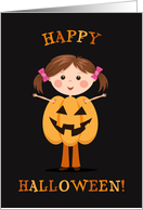 Happy Halloween - girl in Jack o’ Lantern pumpkin costume card