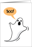 Happy Halloween greeting card with cartoon ghost saying Boo! card