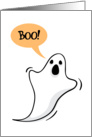 Happy Halloween greeting card with cartoon ghost saying Boo! card