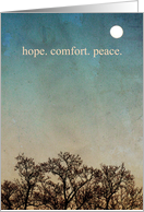 Hope.Comfort.Peace. Full moon over trees. card