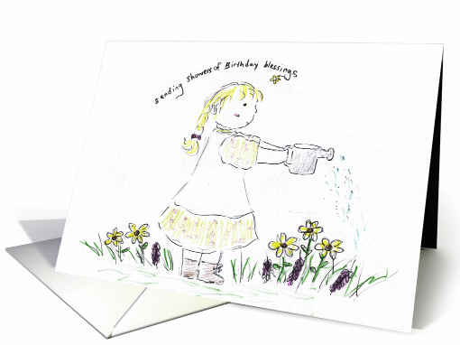 Girl Watering Flowers With Birthday Blessings card (665020)