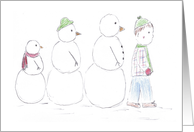 Boy with Snowman Family Following Him-holidays card
