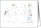 Boy with Snowman Family Following Him-holidays card