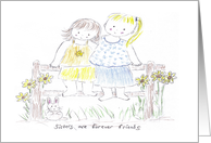 Two Sisters Sitting on Fence Hugging-Thinking of You card