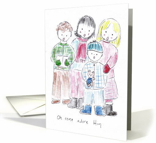 Children Carolers Singing Oh Come Adore Him at Christmas card (675424)