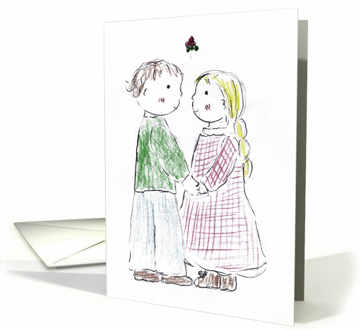 Boy and Girl Under Mistletoe at Christmas card (678672)