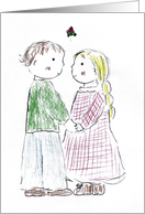 Boy and Girl Under Mistletoe at Christmas card