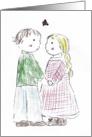 Boy and Girl Under Mistletoe at Christmas card