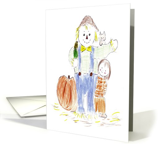 scarecrow with girl at Thanksgiving time card (705918)