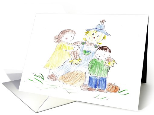 scarecrow with girl and boy at Thanksgiving time card (705922)