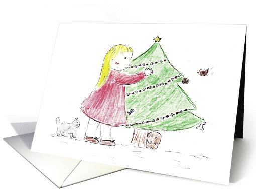 Girl Feeding Animals with Outdoor Christmas Tree card (705925)