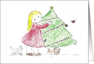 Girl Feeding Animals with Outdoor Christmas Tree card