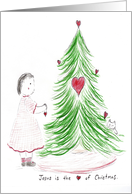 Girl Decorating Christmas Tree with Hearts card