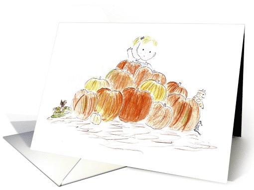 Girl Waving from Behind Pile of Pumpkins at Thanksgiving card (706399)