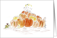 Girl Waving from Behind Pile of Pumpkins at Thanksgiving card