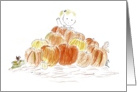 Girl Waving from Behind Pile of Pumpkins at Thanksgiving card