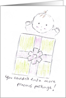 Baby girl jumping out of gift box card