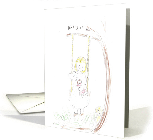 Girl sitting on swing holding doll, Thinking of you card (856890)