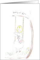 Girl sitting on swing holding doll, Thinking of you card