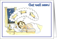 Get well soon, man in bed counting sheep! card