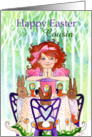 Happy Easter Cousin, Excited Little Girl Brunching with Easter Rabbits card
