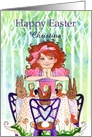 Happy Easter Custom Name, Little Girl Brunching with Easter Rabbits card